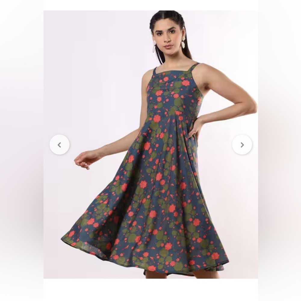 Floral Midi Dress in Green with Pink Accents - Women